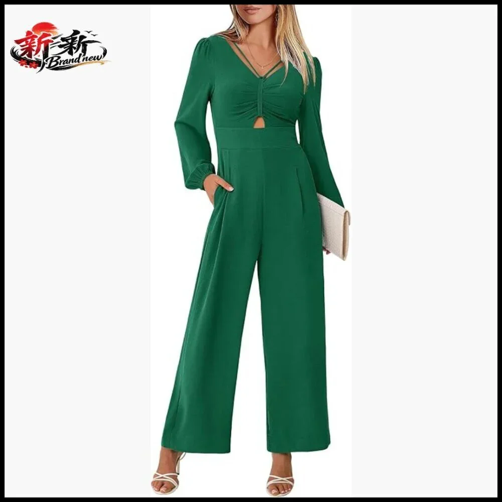 Long Sleeve V Neck Wide Leg Jumpsuit Formal Polyester